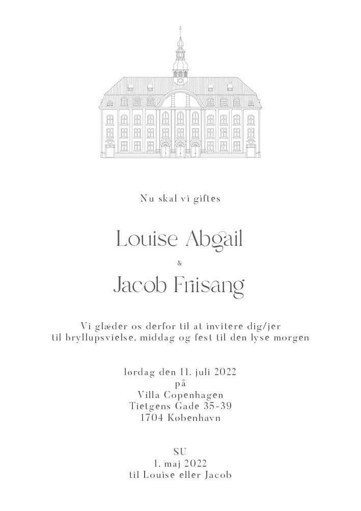 
                Fineste bryllupsinvitation med smukke detaljer. Denne invitation er meget elegant og enkel med en skøn håndtegning af Villa CPH. Brug bagsiden af invitationen til flere praktiske oplysninger eller et program over bryllupsfesten. Til designet kommer også matchende elementer i form af velkomstskilt, salmehæfte, bordoversigt, menukort, bordkort, drinkskort, takkekort mm. således I kan skabe en rød tråd for dagen.                